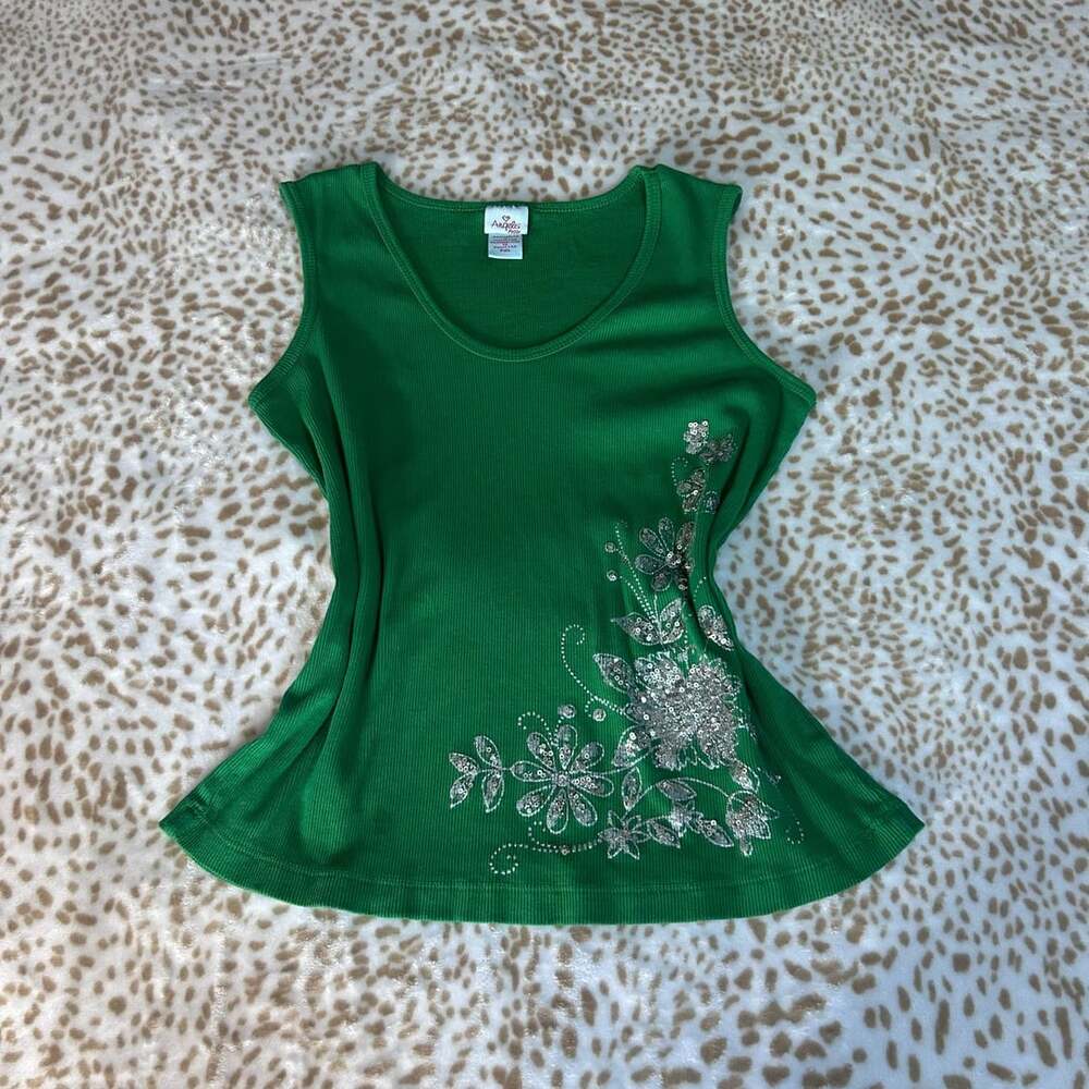 Angels Petite Tank Top PXL Green Sequin Floral Ribbed Y2K